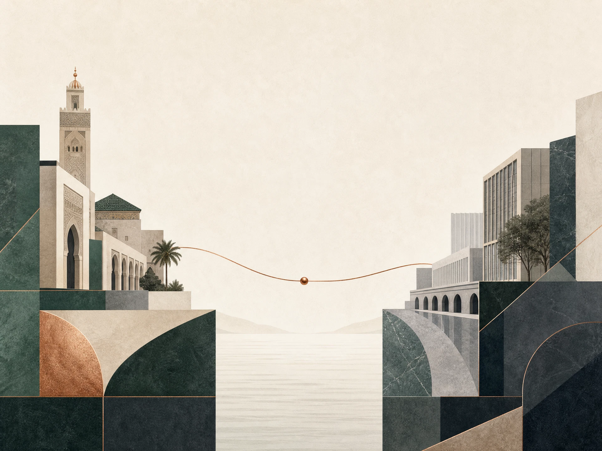 Abstract editorial composition evoking the Morocco–Europe corridor